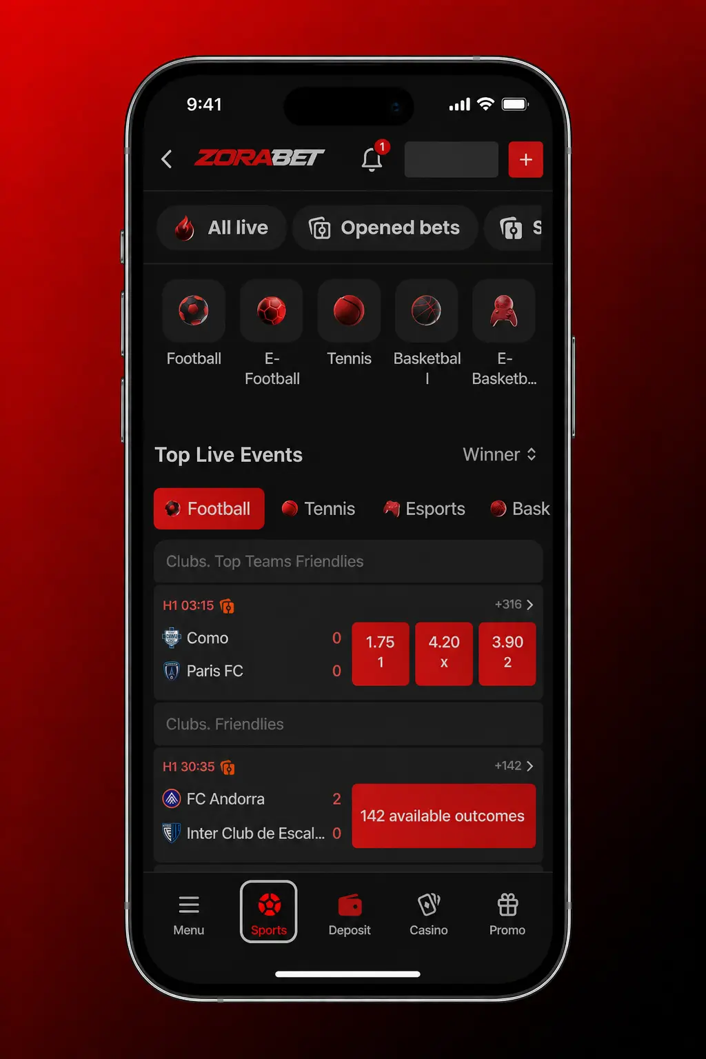 ZoraBet sportsbook interface showing five steps to place a first bet on football basketball tennis and esports markets