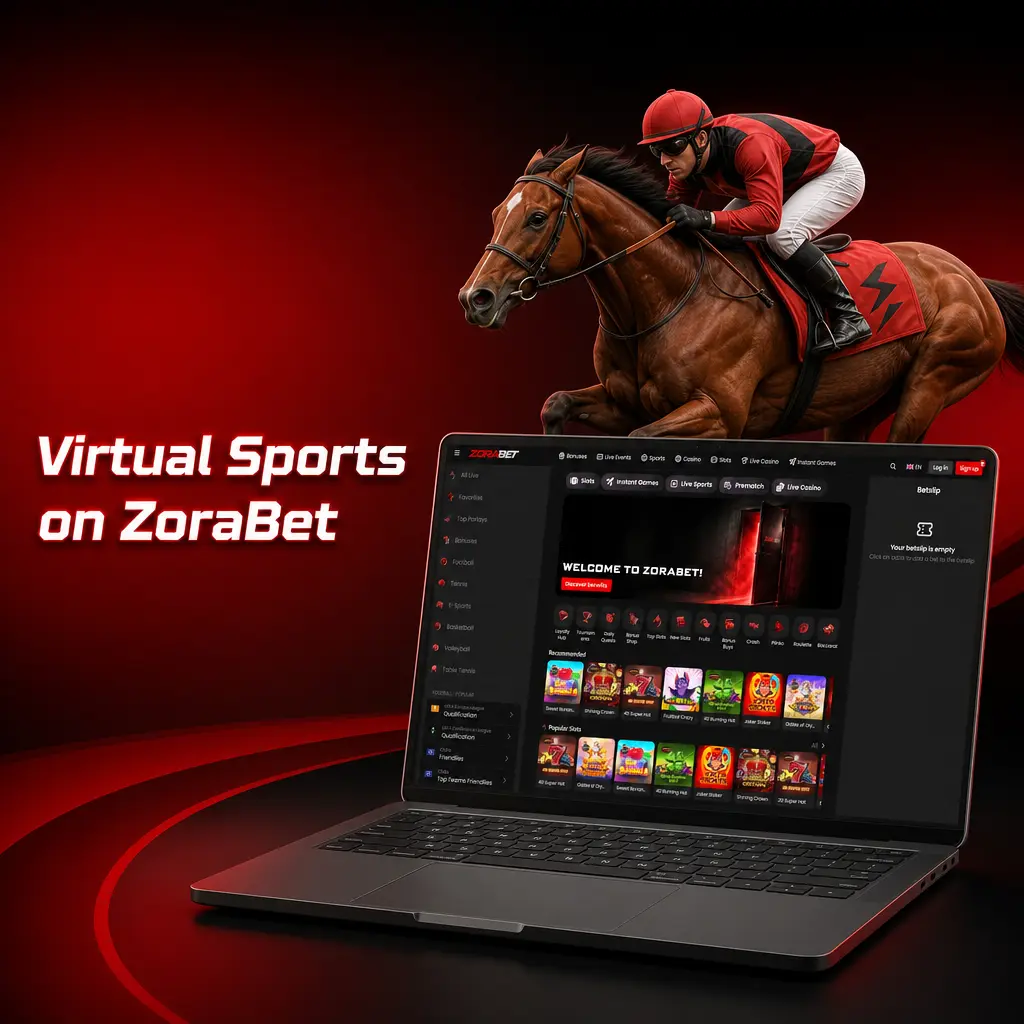 ZoraBet virtual sports lobby showing football, horse racing, basketball, tennis, and greyhound racing options available 24/7