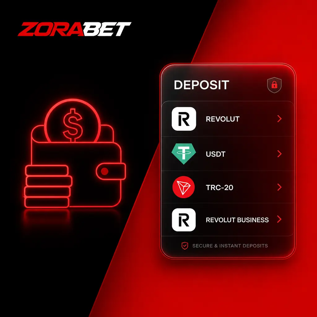 ZoraBet deposit methods in Serbia showing Revolut, USDT ERC-20, and USDT TRC-20 payment options
